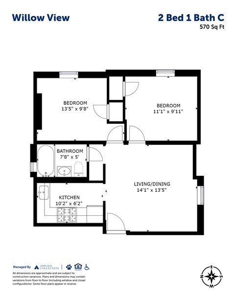 Floor plan for 2 beds, 1 bath, 570 sqft